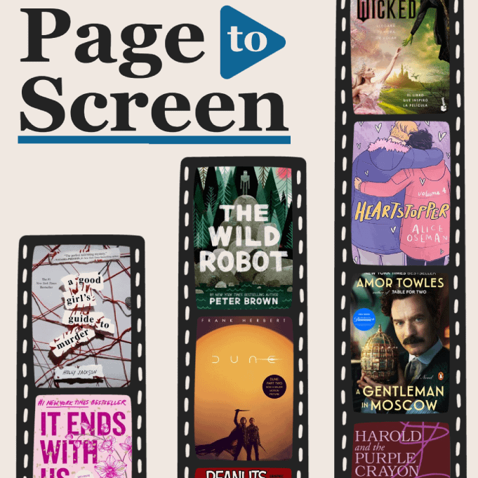 Film strips with images of book covers. Text reads 