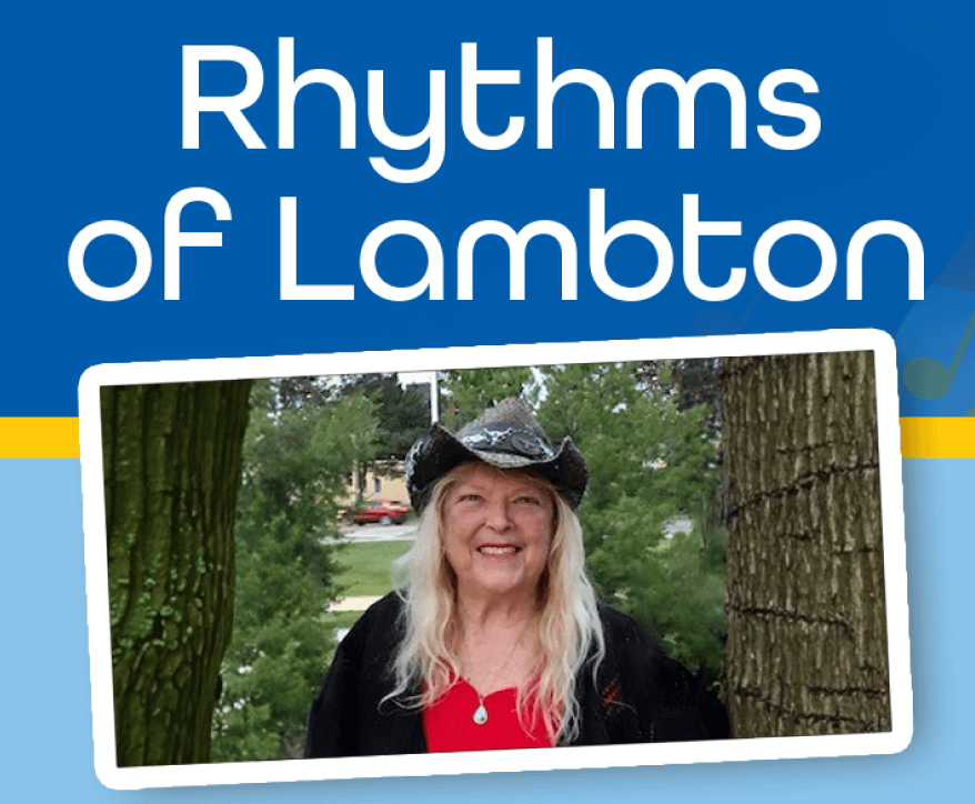 A blue banner with the text “Rhythms of Lambton” and an image of a woman wearing a cowboy hat.